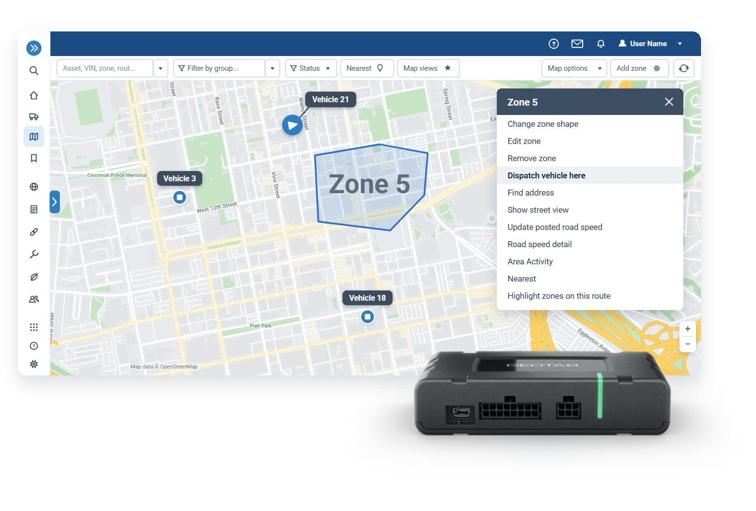 Zone drawn in MyGeotab with vehicle dispatch straight from the zone menu