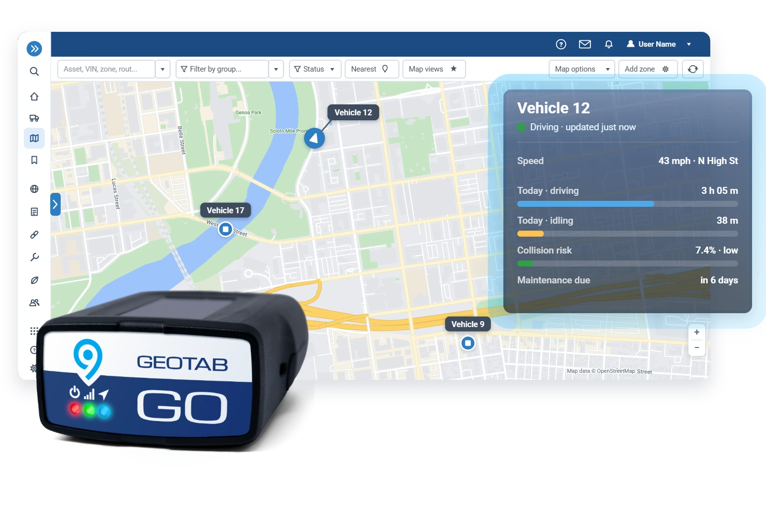 Live MyGeotab map: a GO9-tracked van moving at 43 mph, position updated moments ago
