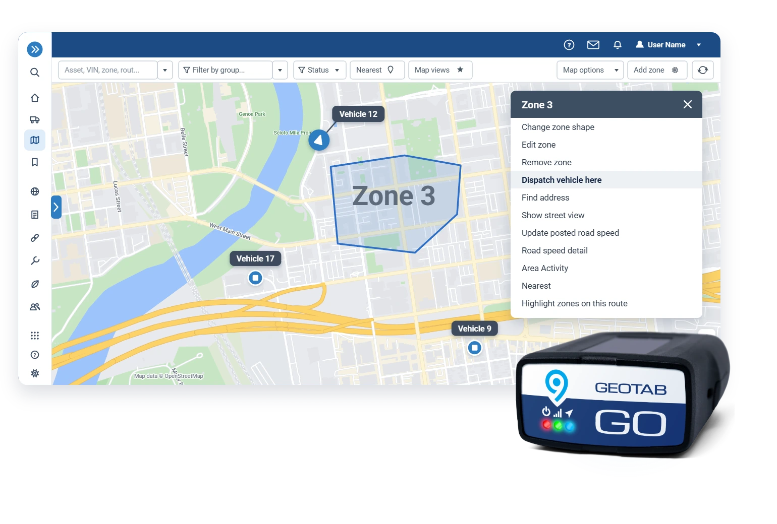 Ward and district zones on the live MyGeotab map, with a vehicle dispatched straight from the zone