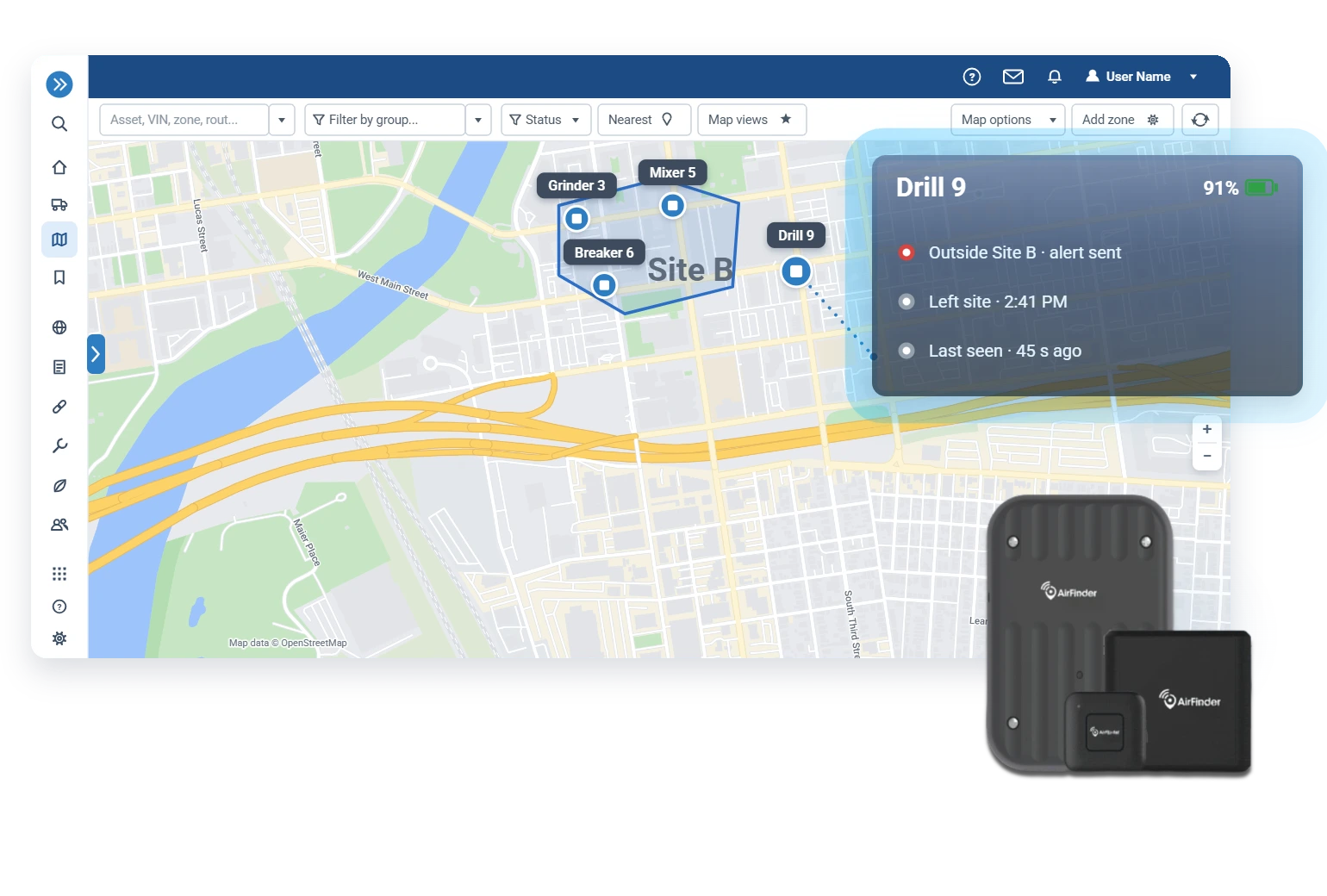 Small-tool tag · geofence alert the moment a tool leaves the zone