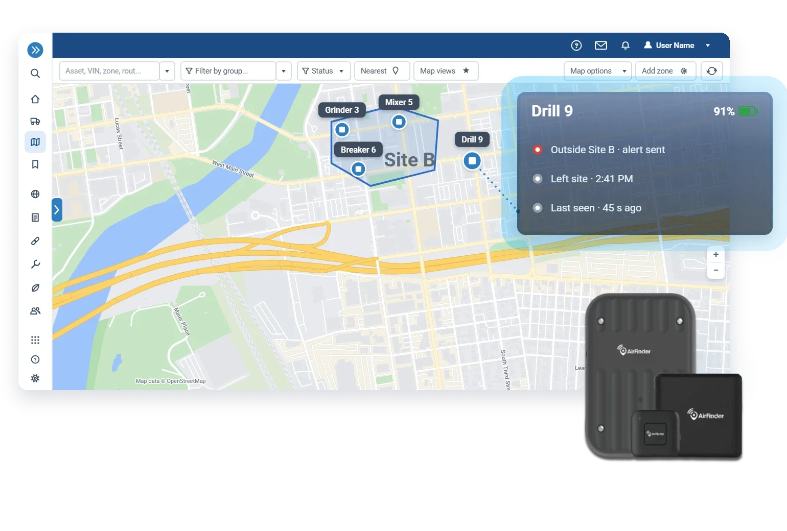 Small-tool tag · geofence alert the moment a tool leaves the zone