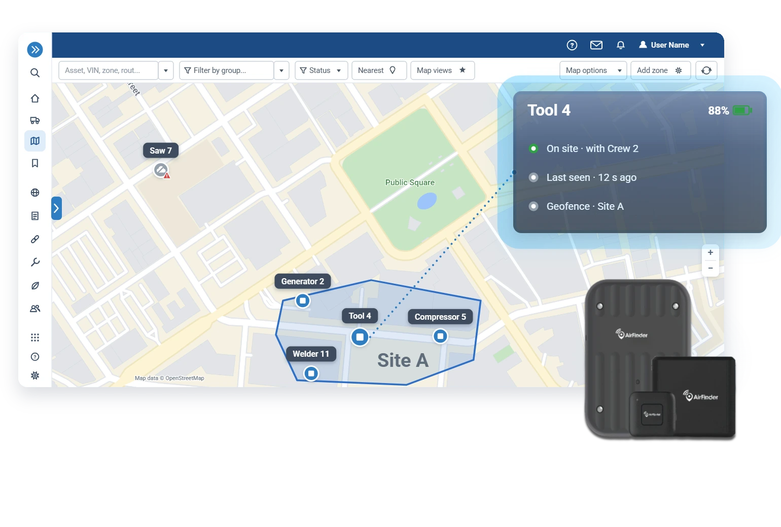 Jobsite scene · tagged tools reporting through the trucks on site