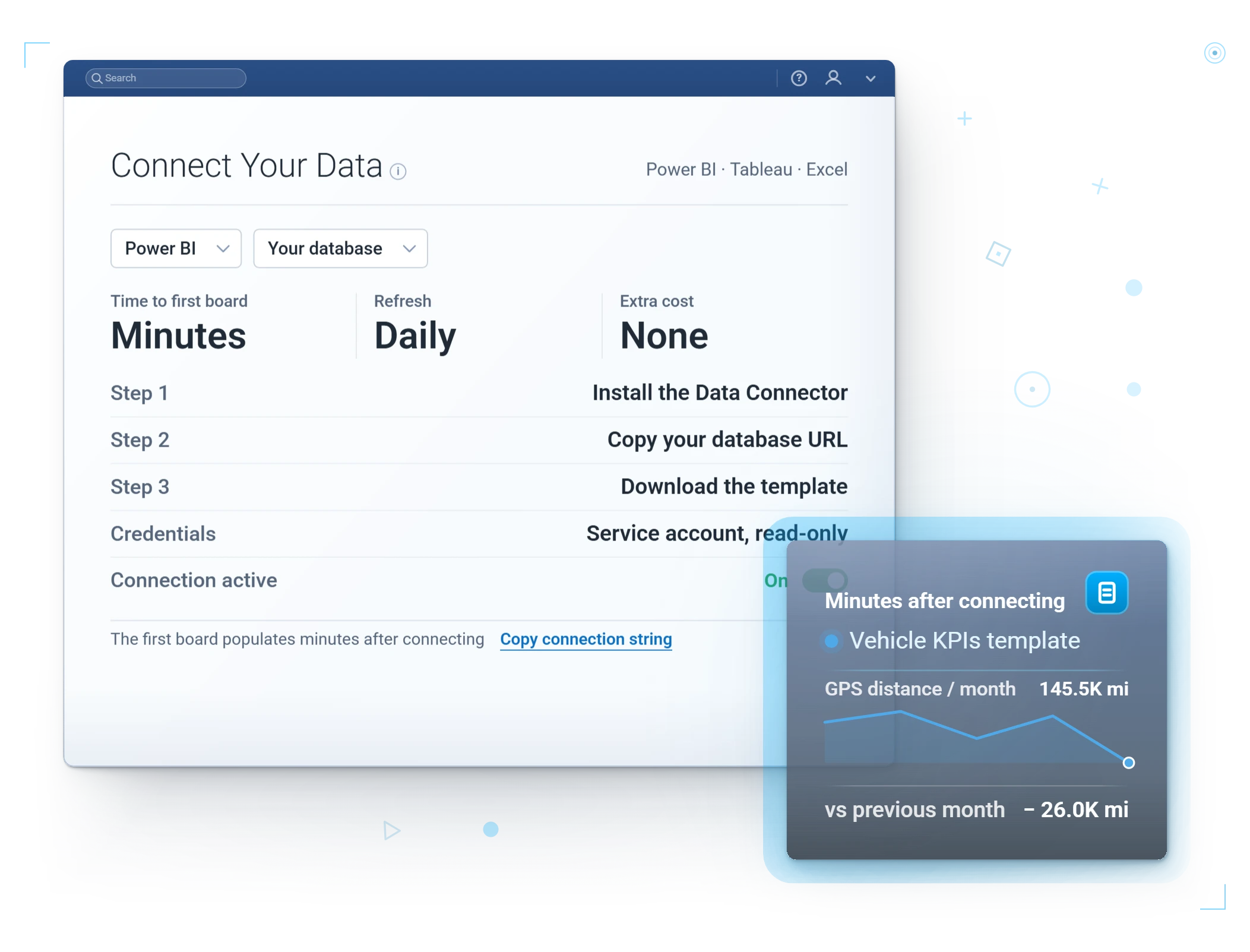 Geotab Data Connector setup flow feeding fleet data into your reporting tools