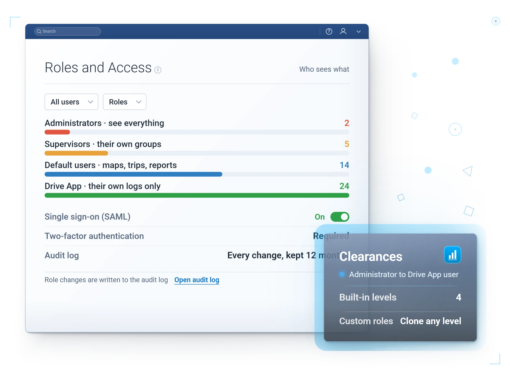 MyGeotab security controls: clearances, single sign-on and role-based access