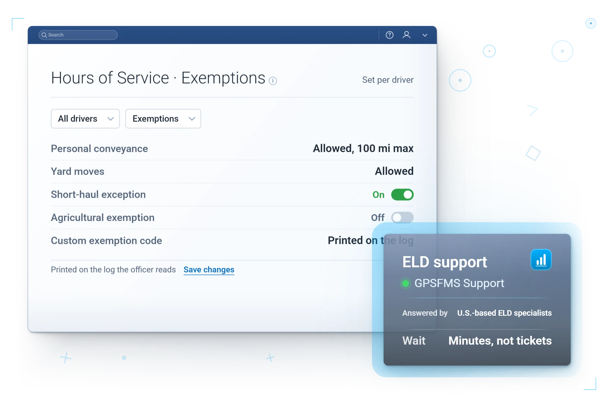 Driver App · HOS exemptions and ELD support
