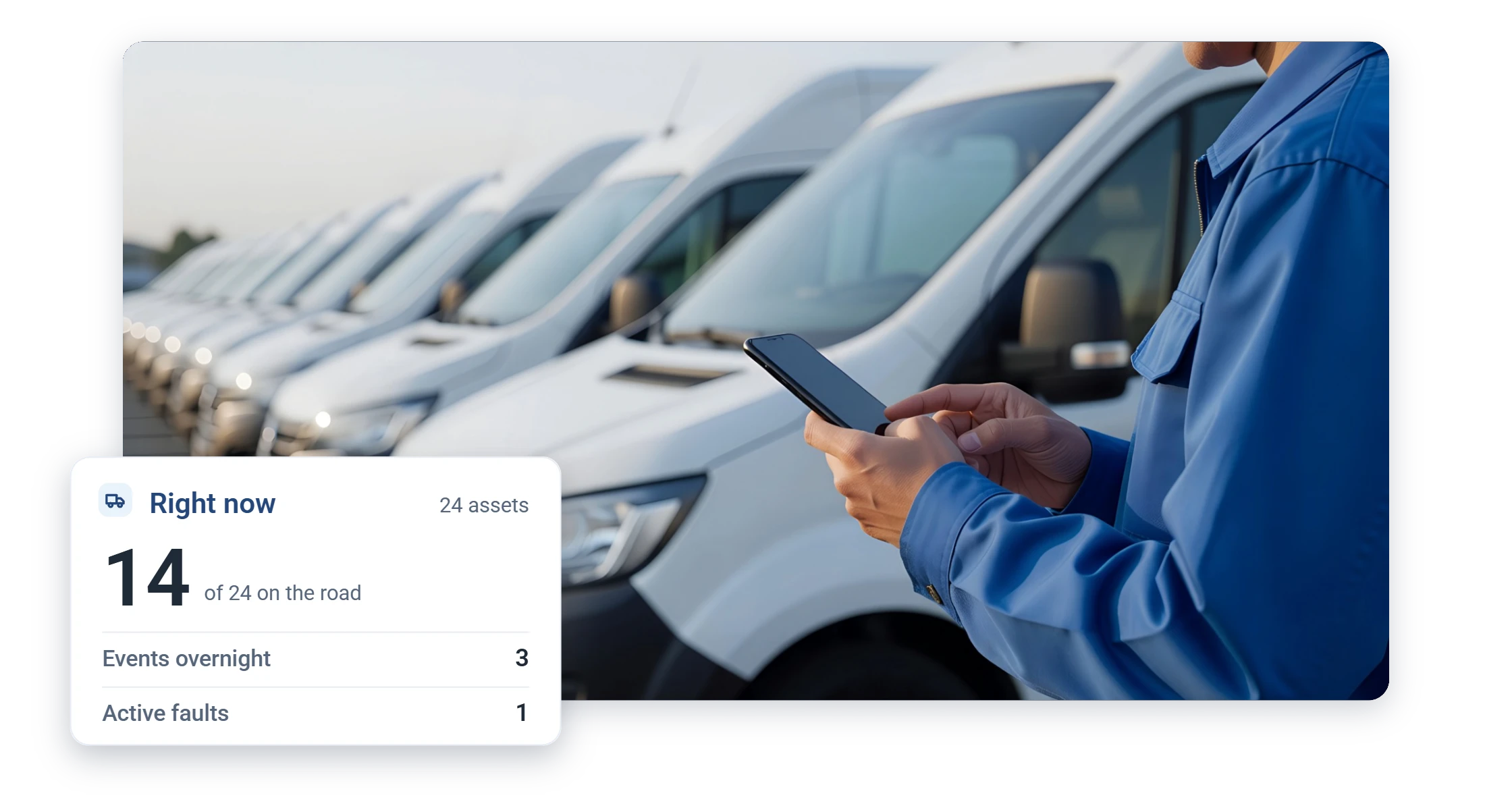 Fleet status card over agency vans: 14 of 24 on the road, overnight events and active faults counted