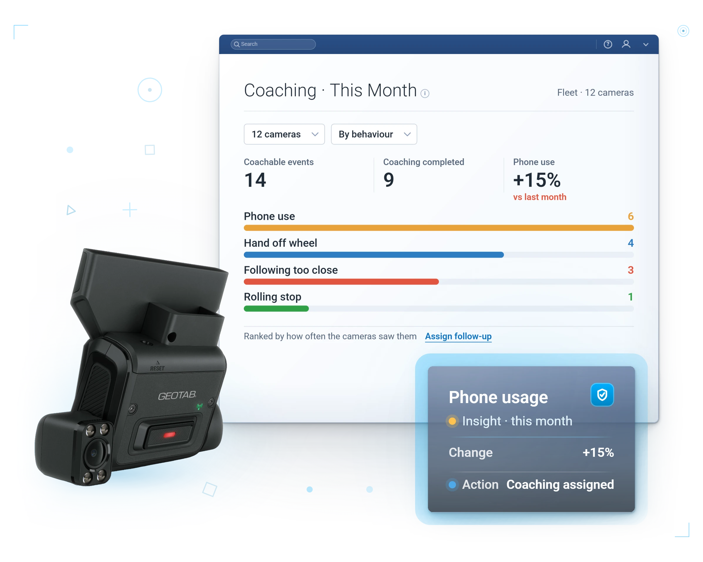 Coaching records in MyGeotab · 14 coachable events, assigned and completed