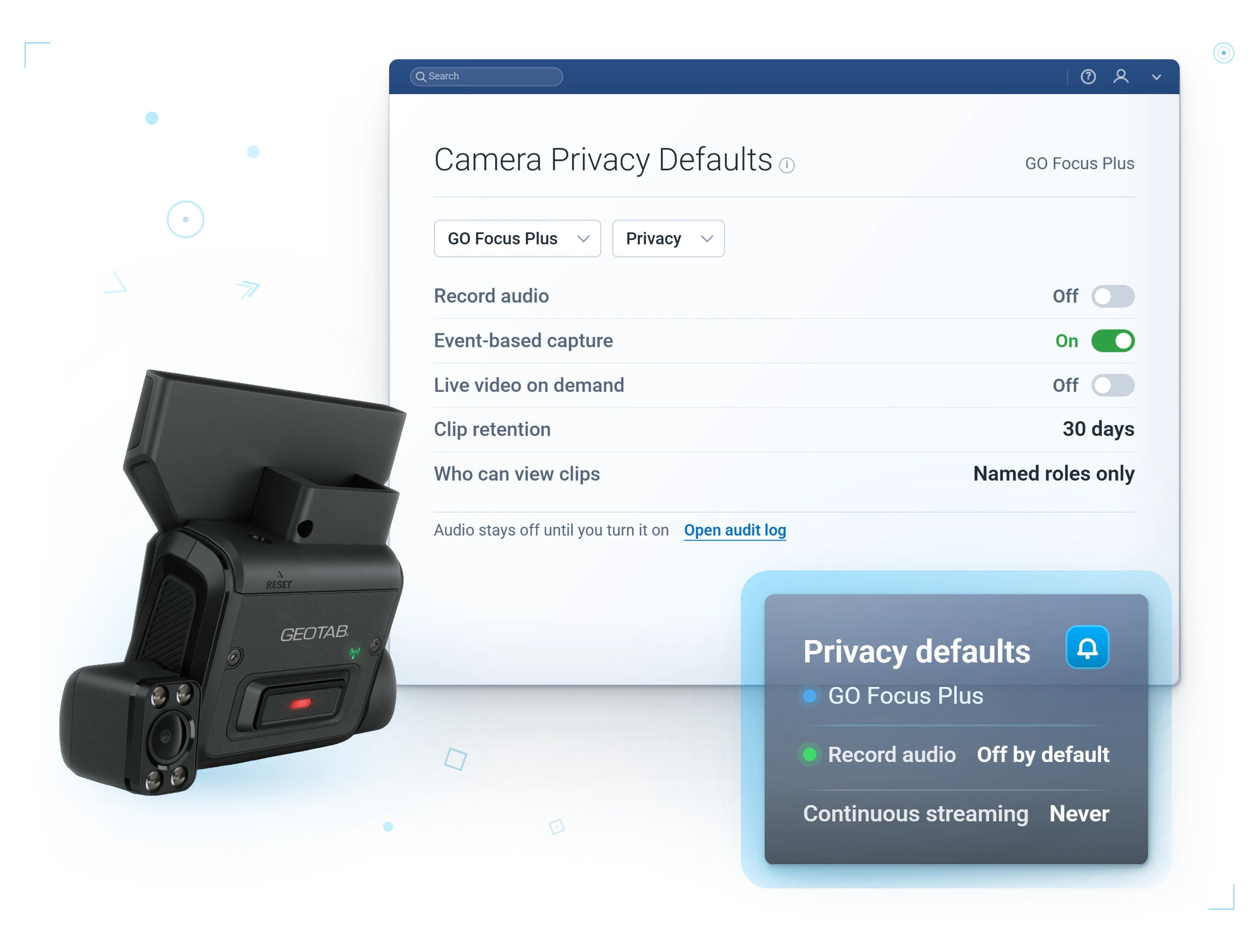GO Focus Plus privacy controls: retention windows and access set as policy in MyGeotab
