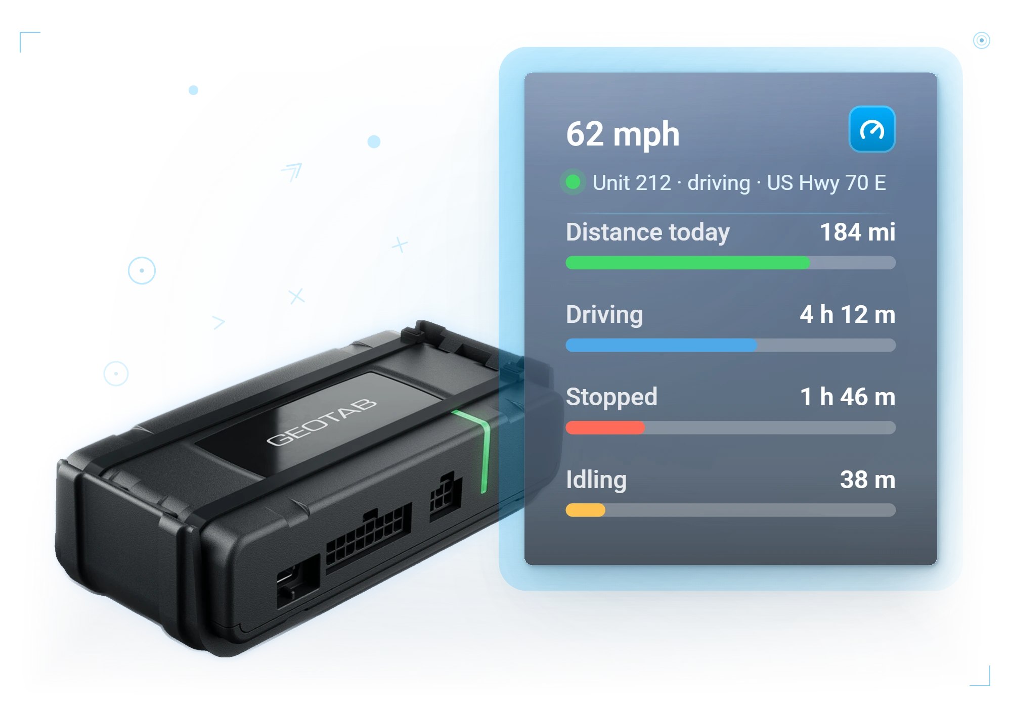 Next-Gen GO10 beside a live vehicle card showing current speed and today's driving time