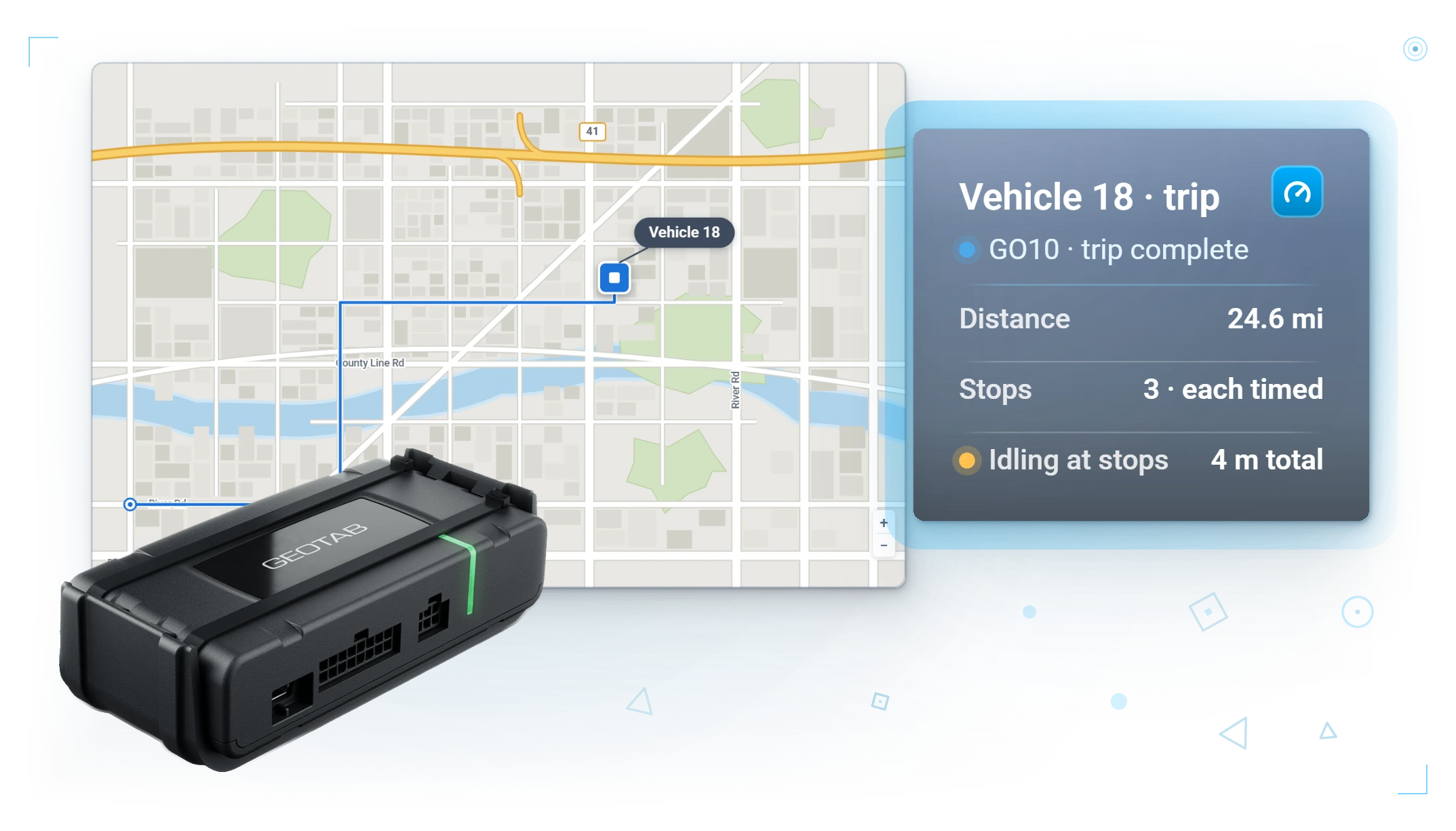 A GO10 beside its finished trip: the route on the map, with distance, timed stops, and idling on the card