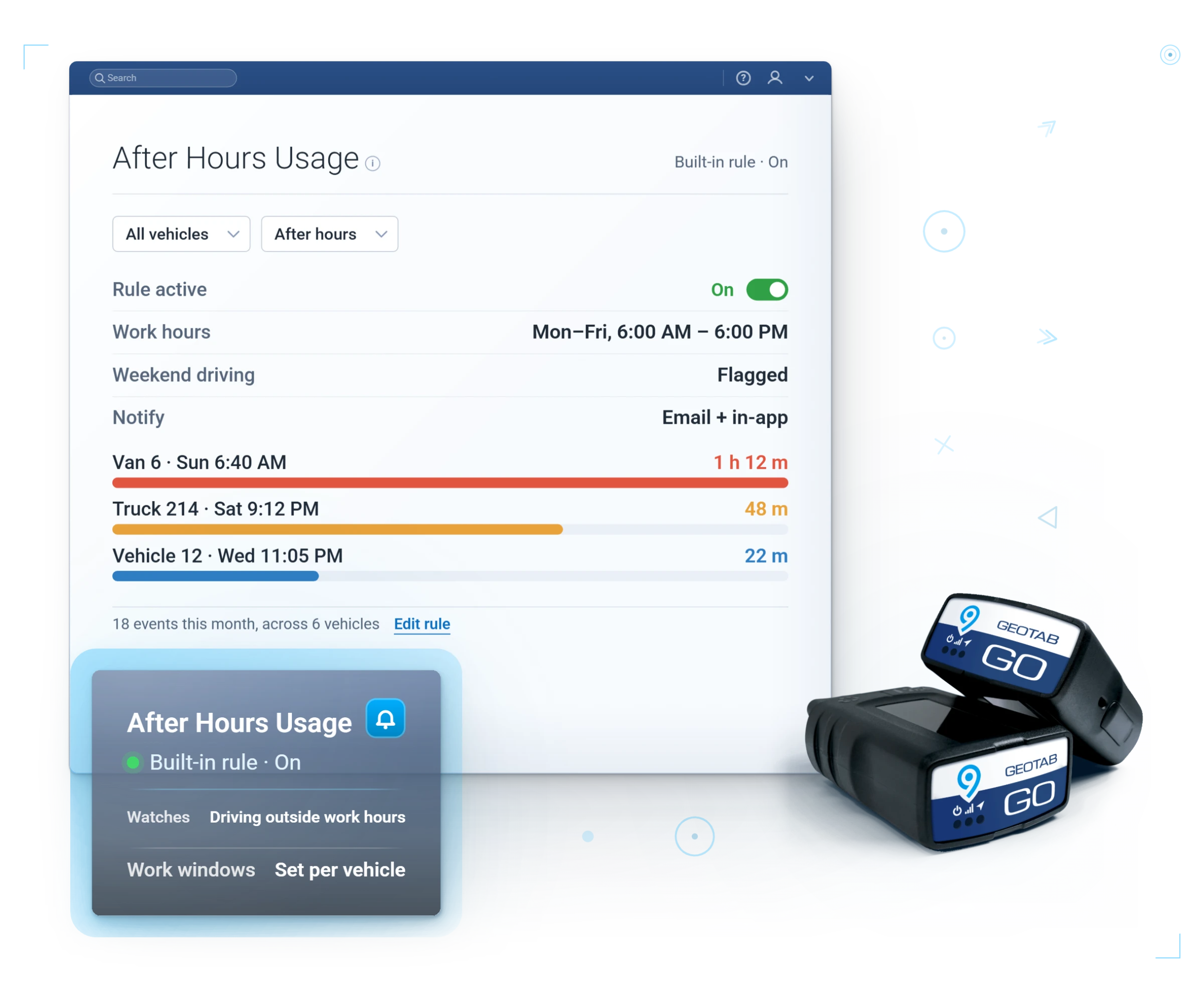 After Hours Usage rule in MyGeotab: work hours, weekend driving flagged, notified by email and in-app