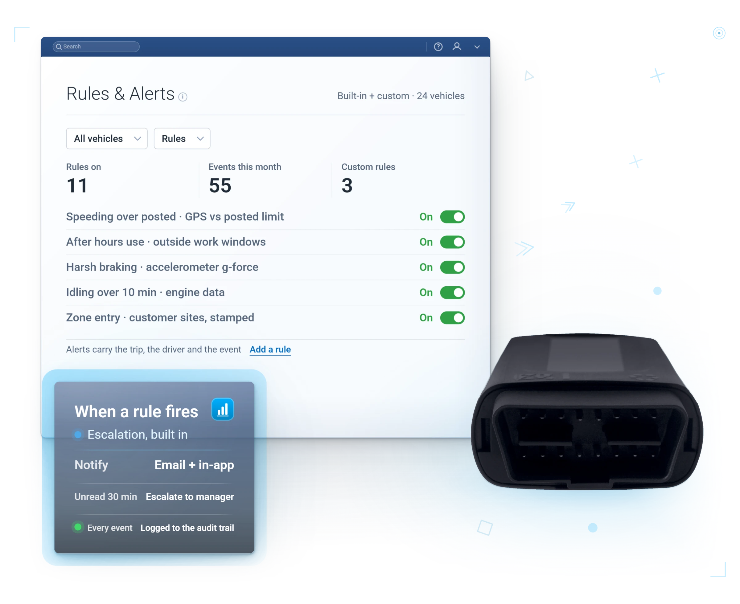 Rules & alerts in MyGeotab · what each rule watches and how it alerts, with the Geotab GO9