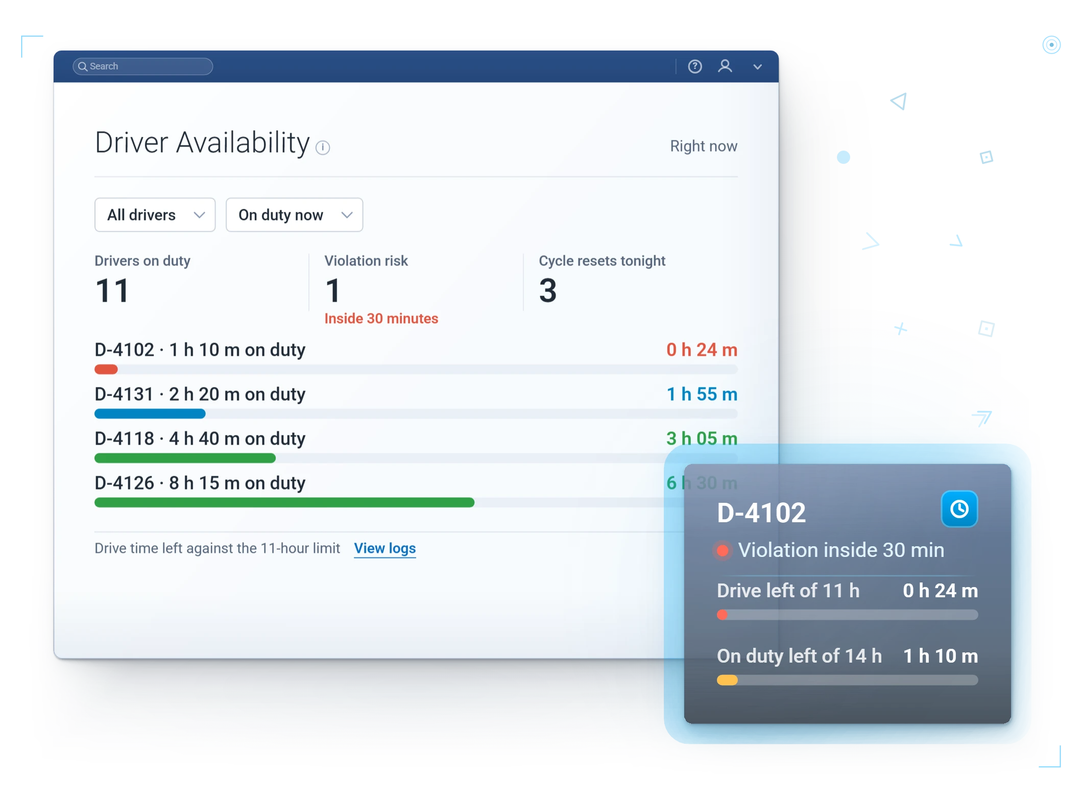 Driver availability card: hours of service and duty status for the person, not just the vehicle