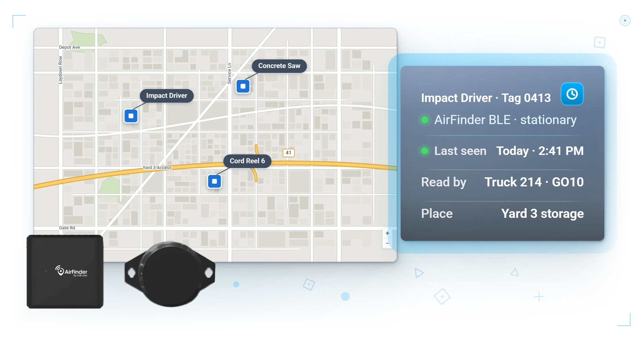 AirFinder tool tags on the yard map · Impact Driver last seen, read by Truck 214's GO10