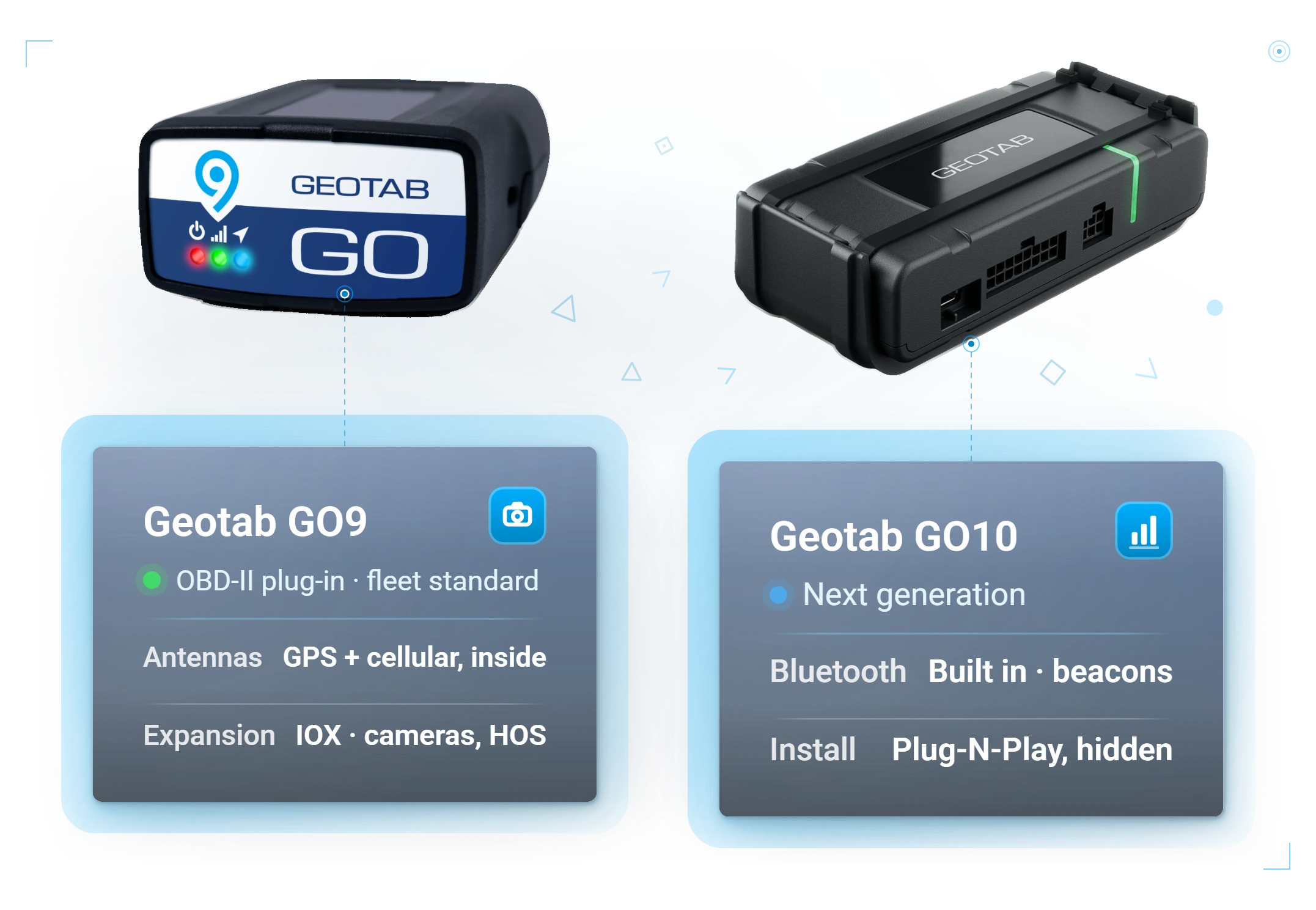 Geotab GO9 and Next-Gen GO10 vehicle trackers side by side