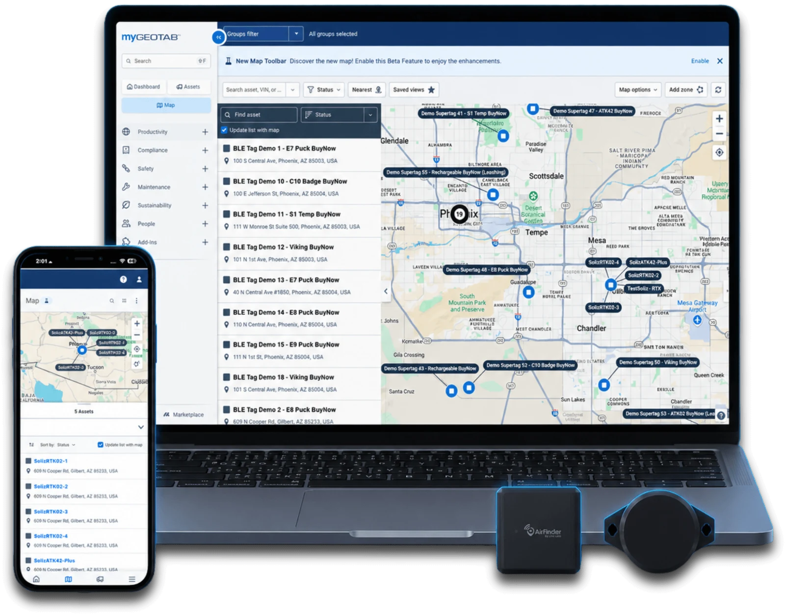 MyGeotab map of Bluetooth-tagged small assets on a laptop and phone, with tracking pucks