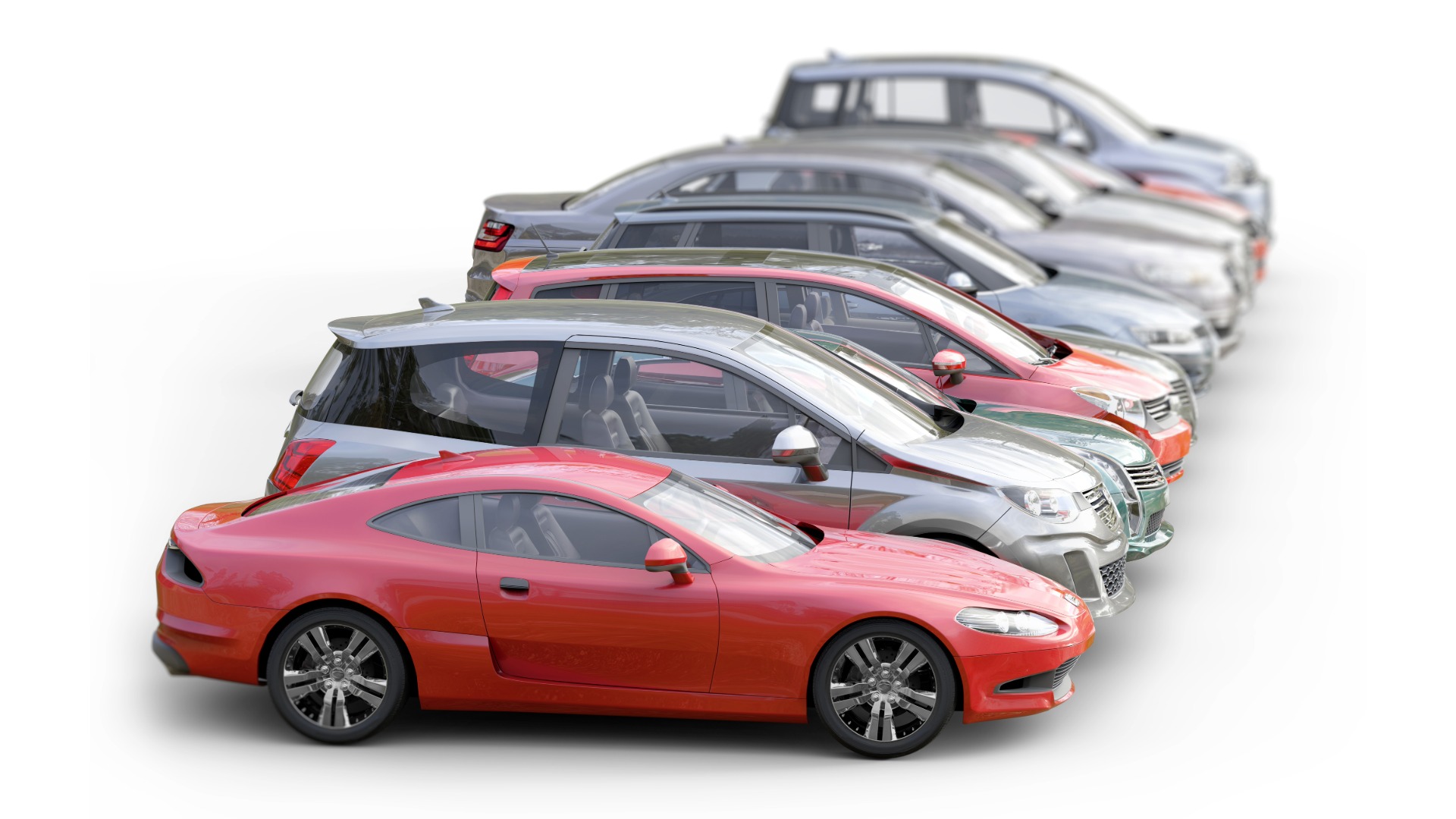 Row of rental sedans with a fleet savings widget floating above