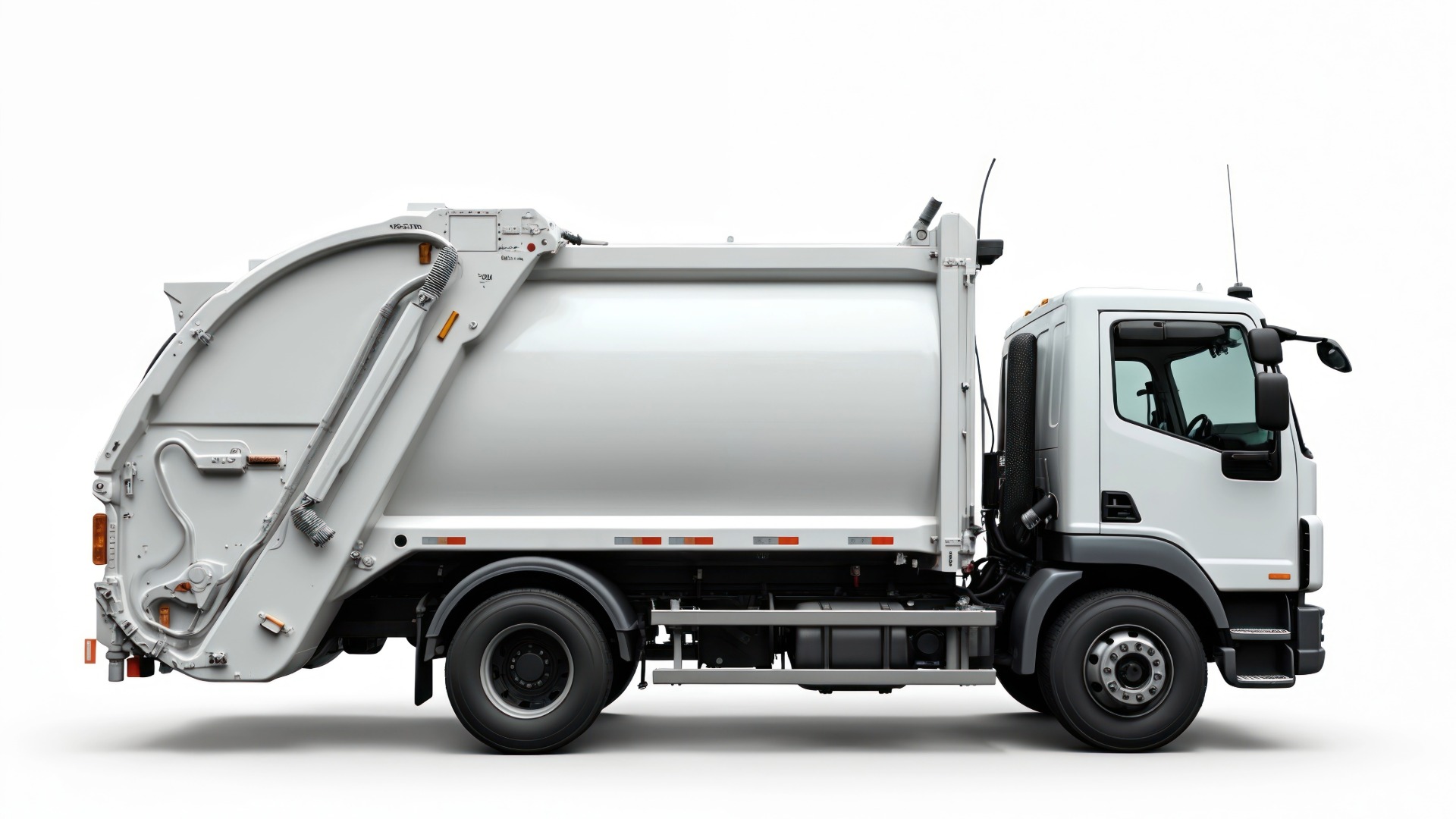 Rear-loader collection truck with a route progress widget pinned to the cab