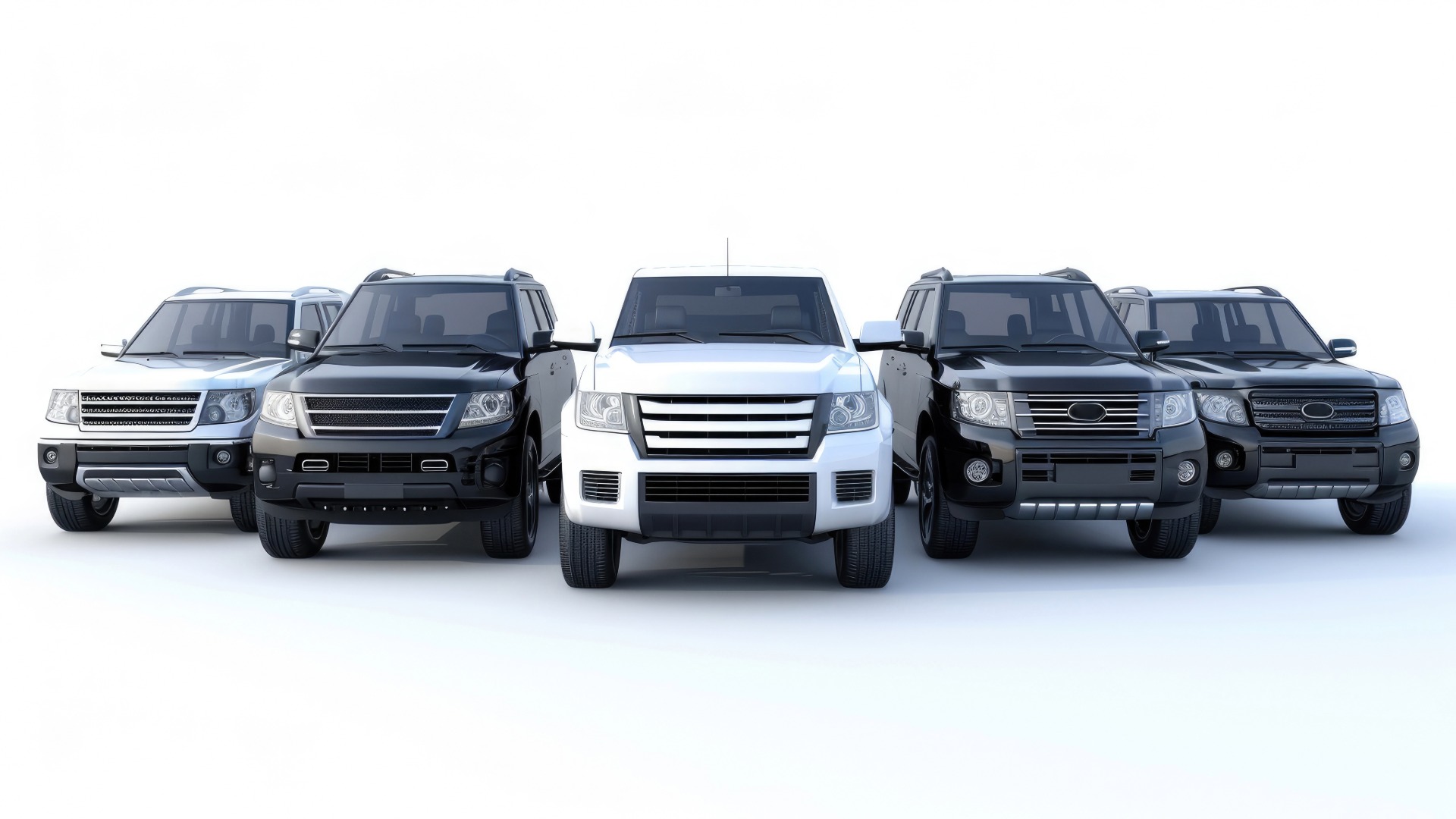 Motor pool SUV lineup with a driver assignment widget pinned to the center vehicle
