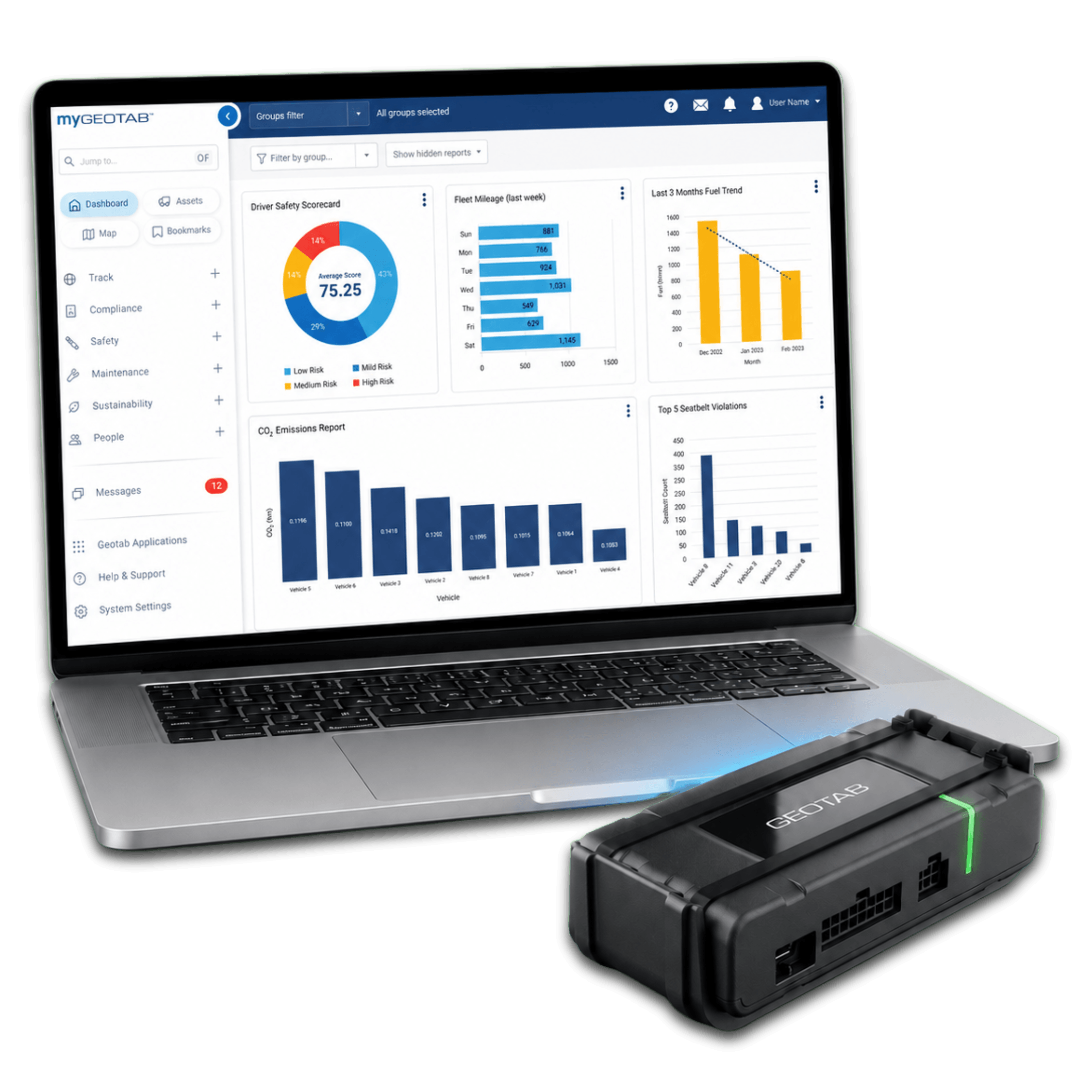 A Geotab GO demo device with the MyGeotab live map