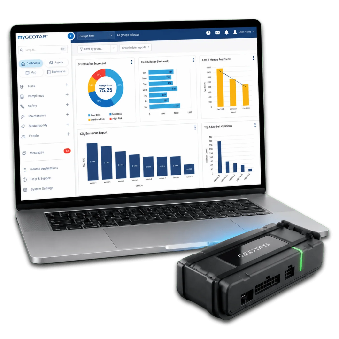 A Geotab GO demo device with the MyGeotab live map