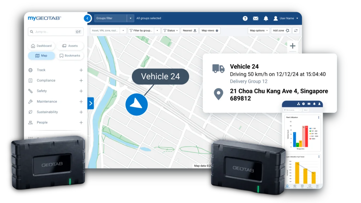 Geotab GO device tracking Vehicle 24 live on the MyGeotab map, with fleet utilization and fuel trend panels