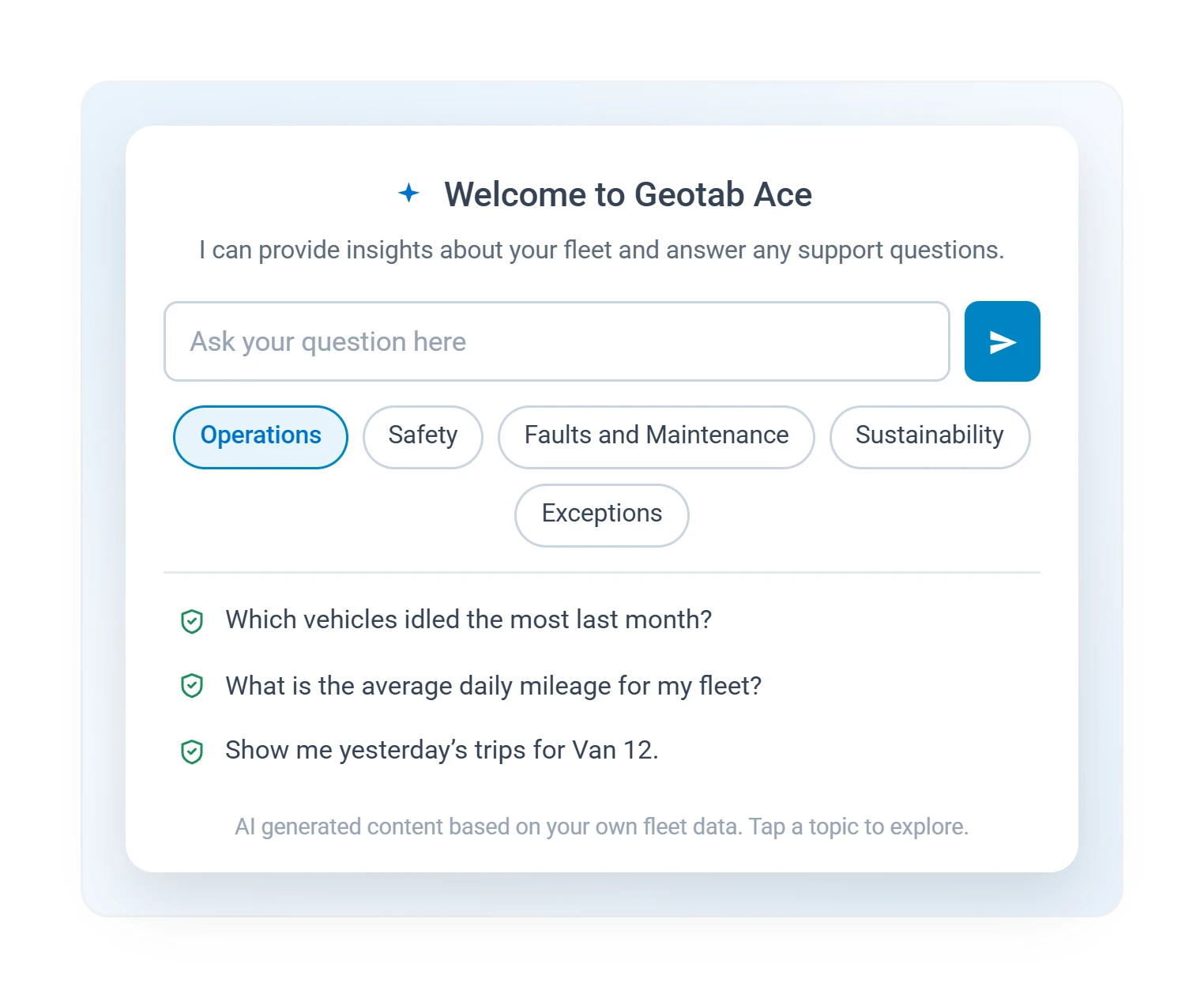 Geotab Ace AI assistant welcome screen with suggested fleet questions by topic