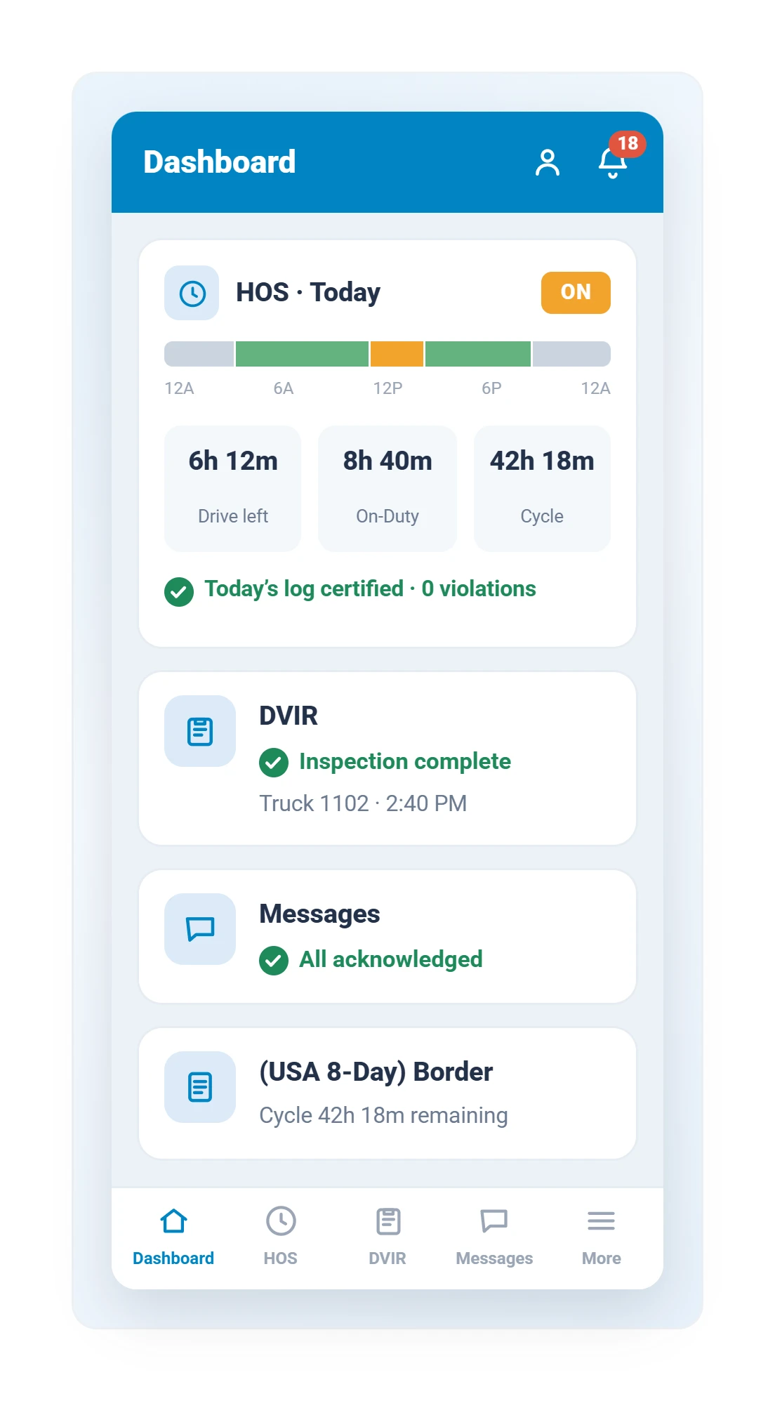 Geotab Drive app dashboard with hours of service availability, completed DVIR inspection, and messages