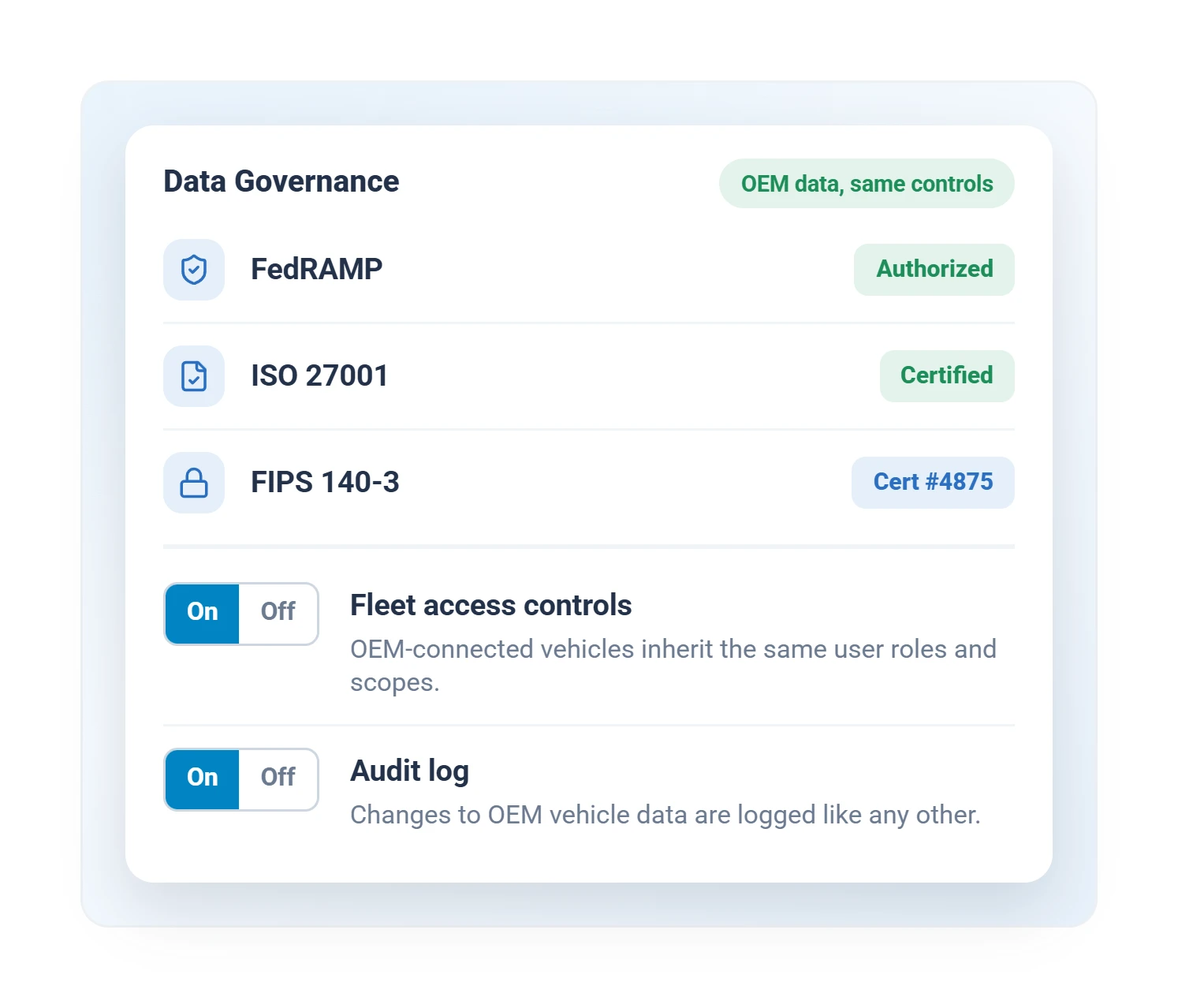 Geotab data governance panel with FedRAMP, ISO 27001, and FIPS 140-3 certifications and fleet access controls