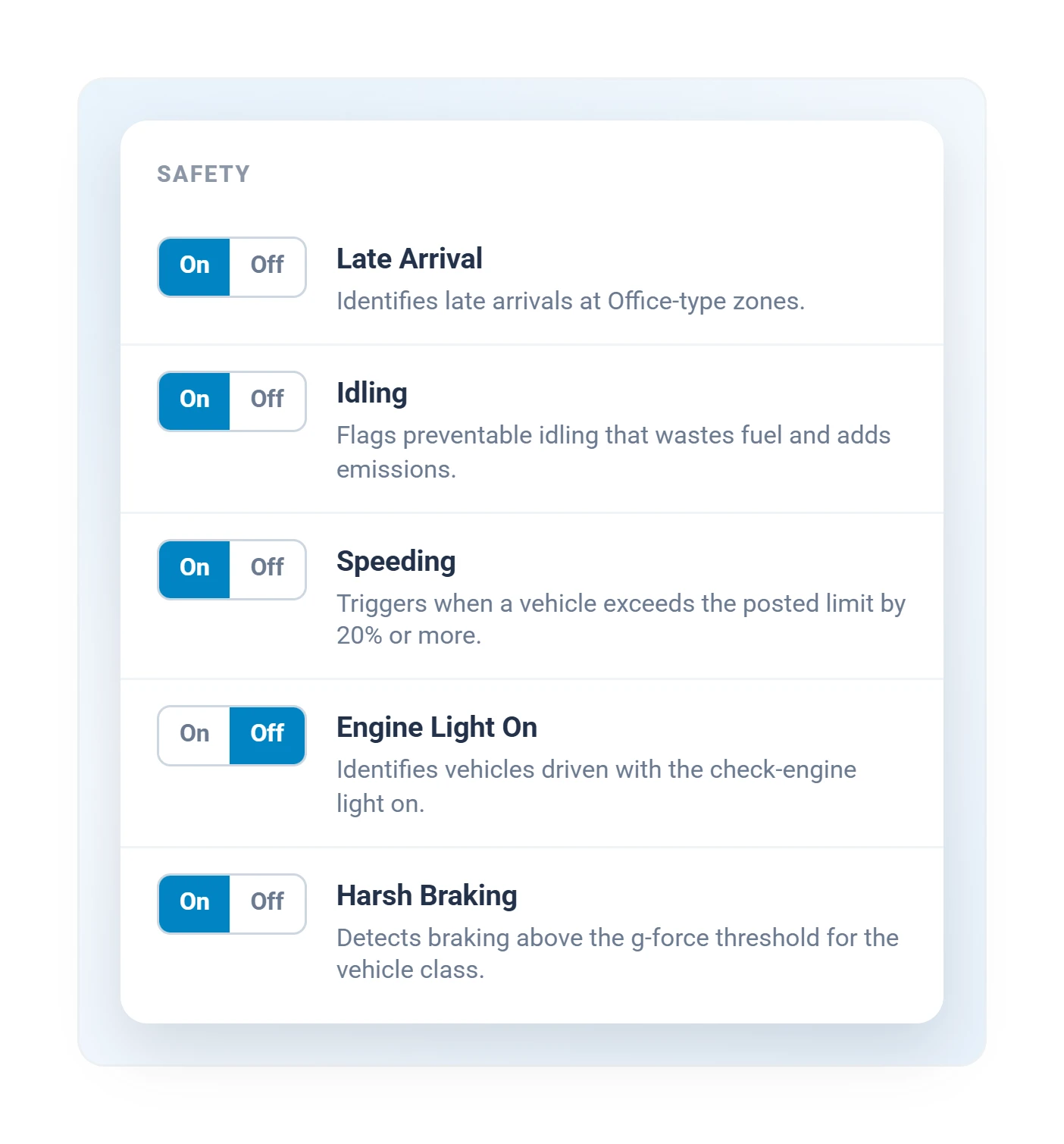 Geotab safety rules settings with on-off toggles for late arrival, idling, speeding, and harsh braking