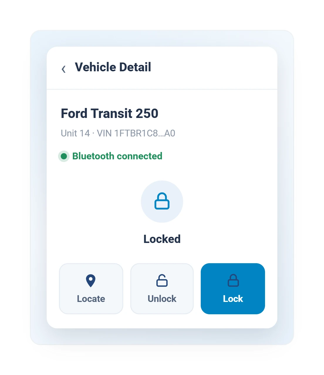 Geotab keyless digital key screen locking and unlocking a Ford Transit from a phone