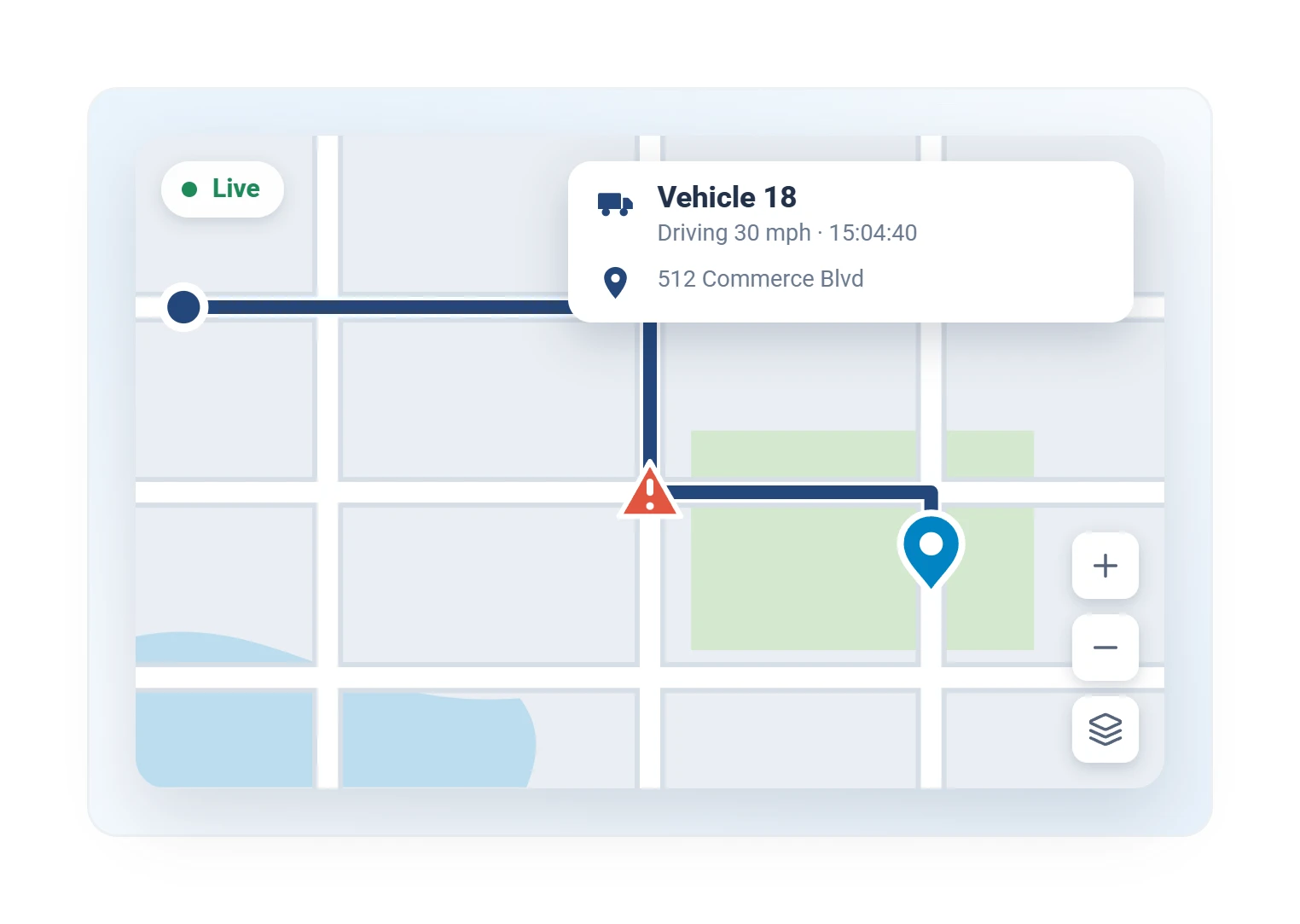 Geotab live tracking map with a vehicle callout showing speed and current street address