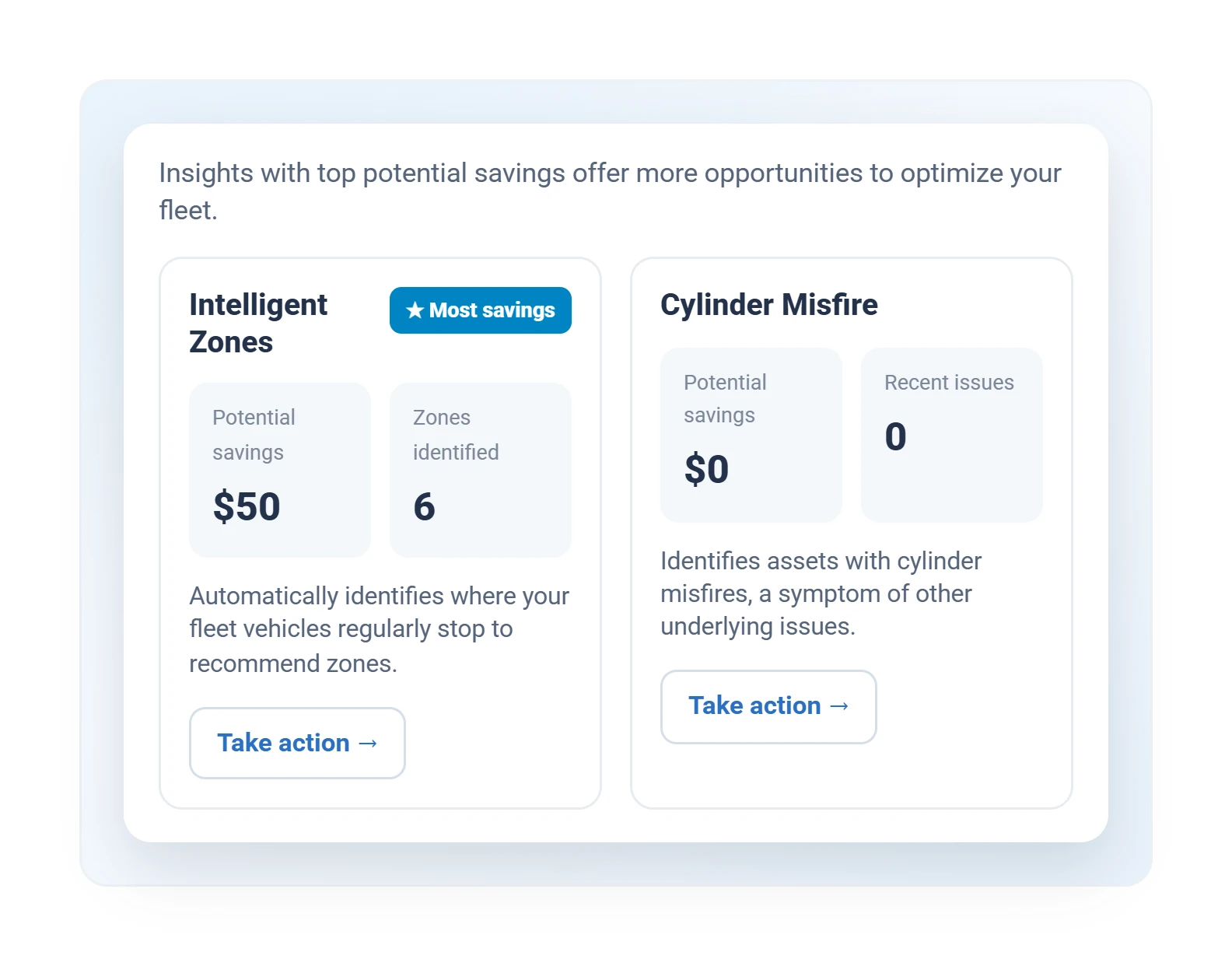 MyGeotab Insights cards recommending intelligent zones and flagging cylinder misfire with potential savings