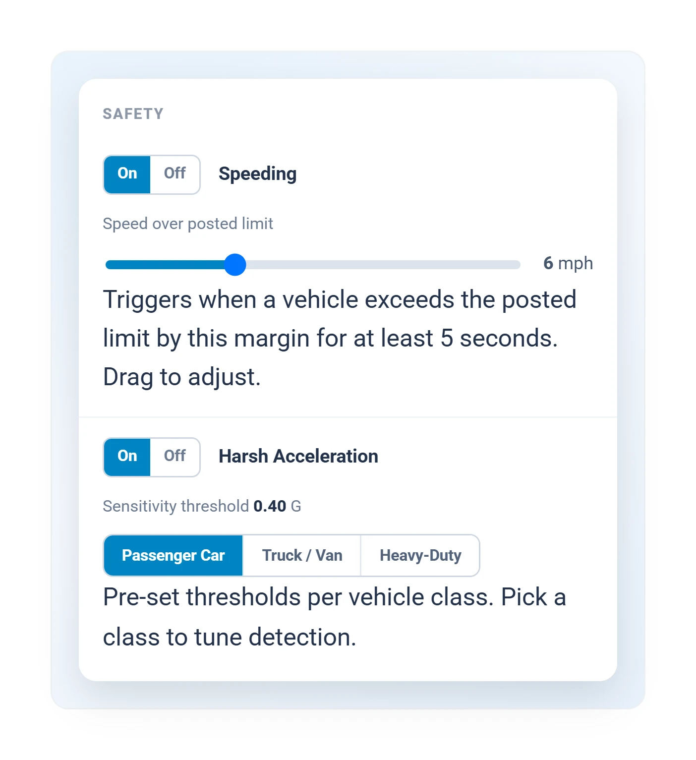 Geotab rule threshold settings with a speeding margin slider and harsh acceleration sensitivity by vehicle class