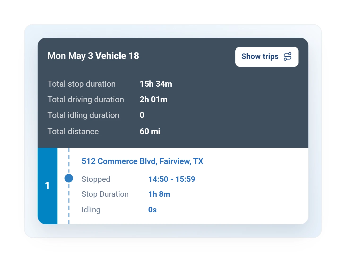 Geotab trip history summary with stop duration, driving time, idling, and distance for one vehicle