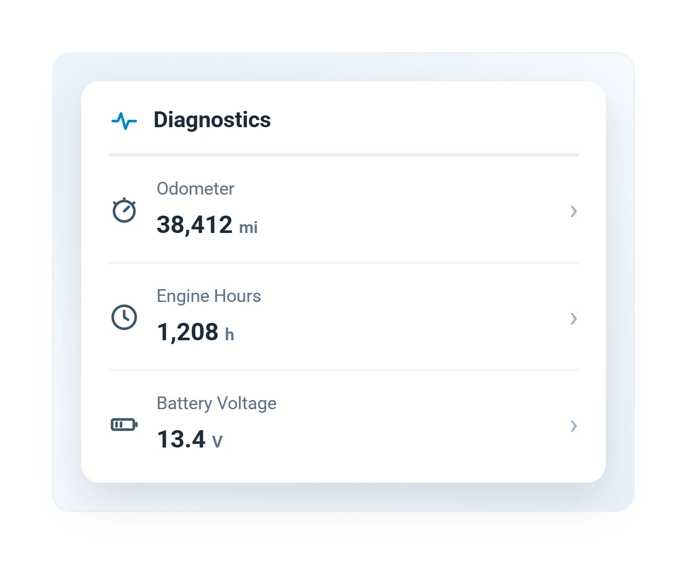 Geotab vehicle diagnostics card with live odometer, engine hours, and battery voltage readings